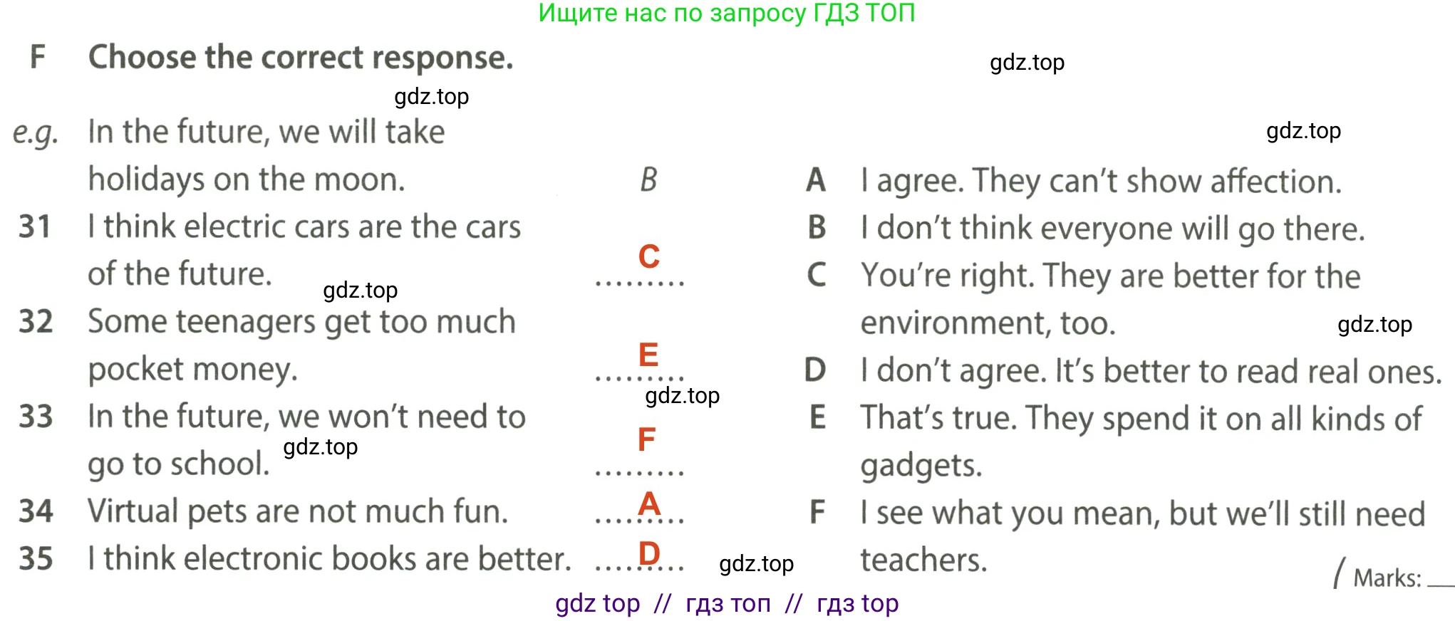 Английский язык (english), 7 класс контрольные задания (test booklet), авторы: Ваулина Юлия Евгеньевна (Vaulina Julia), Дули Дженни (Dooley Jenny), Подоляко Ольга Евгеньевна (Podolyako Olga), Эванс Вирджиния (Evans Virginia), издательство Просвещение, Москва, 2023, розового цвета, страница 42, номер F (31-35), Решение 2 (2023-2027)